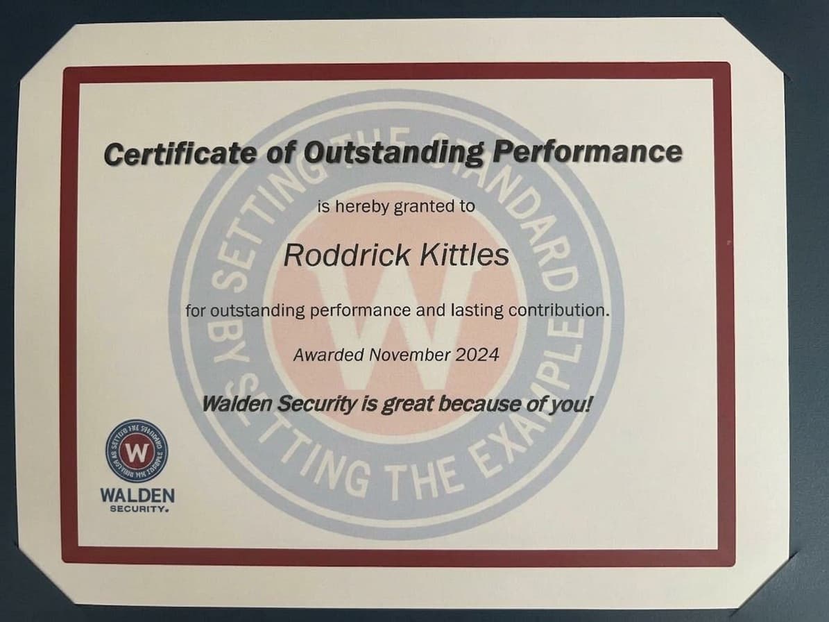 Walden Security certificate of outstanding performance awarded to Roddrick Kittles in November 2024